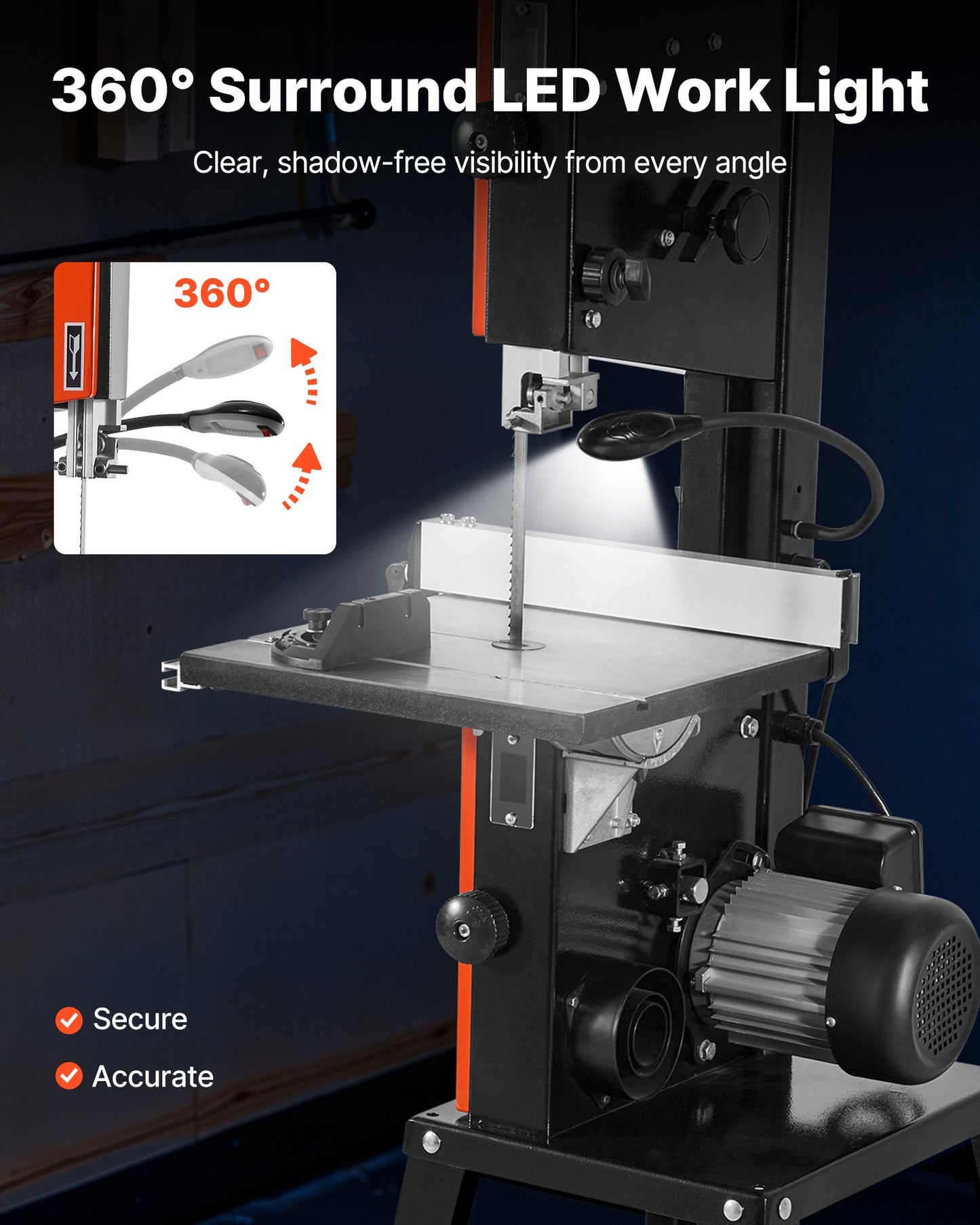 Band Saw with Stand, 10-Inch, Two-Speed Benchtop Bandsaw, 373W 1/2 HP, 6 in Max Cutting Height, 13.2 x 13.4 in Cast Iron Table, with 360° Work Light, Miter Gauge, Fence, Band Saw for Woodworking