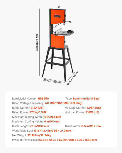 Band Saw with Stand, 10-Inch, Two-Speed Benchtop Bandsaw, 373W 1/2 HP, 6 in Max Cutting Height, 13.2 x 13.4 in Cast Iron Table, with 360° Work Light, Miter Gauge, Fence, Band Saw for Woodworking