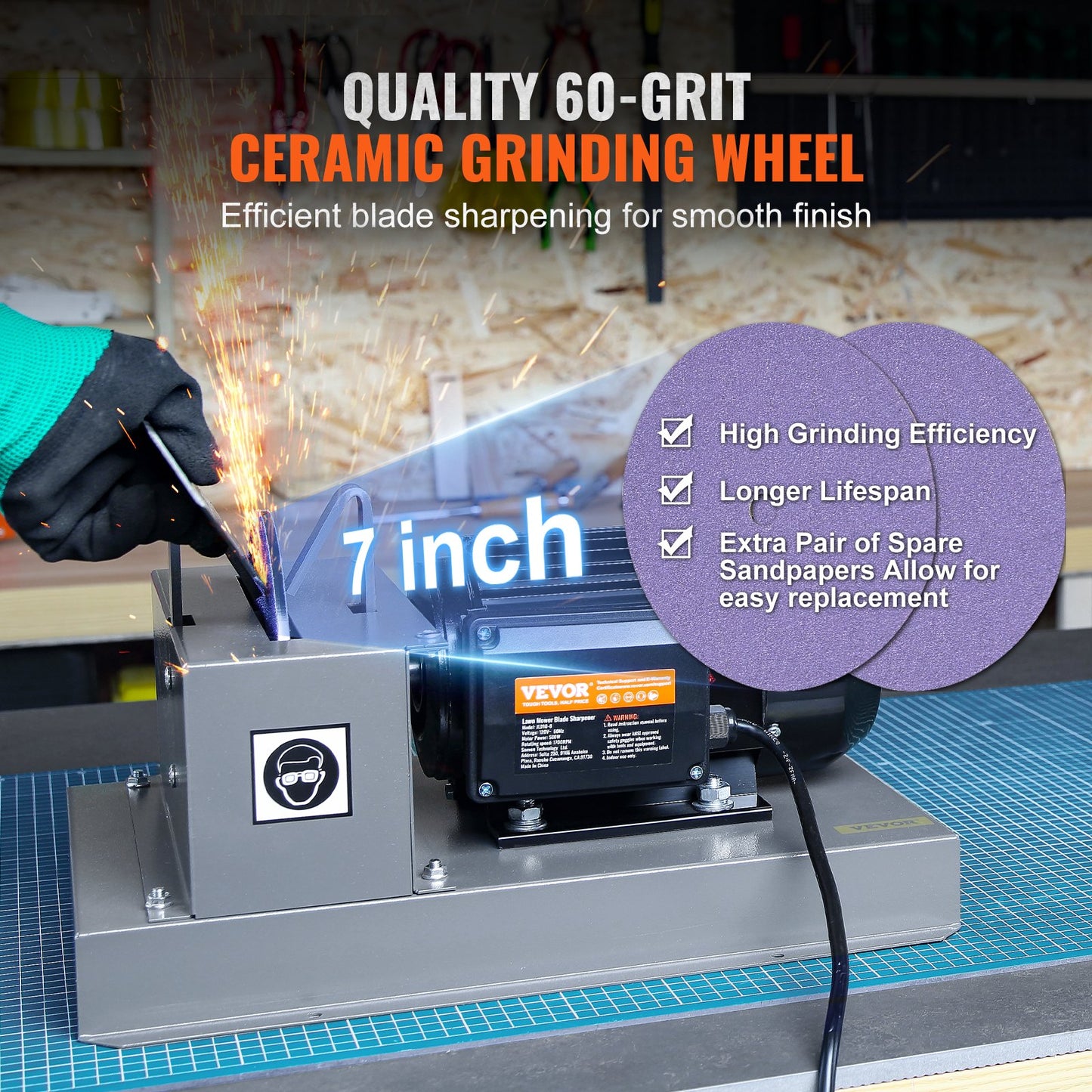 Lawn Mower Blade Sharpener, 2/3HP 500W Lawnmower Blade Grinder with 7-inch Ceramic Grinding Wheel, Powerful Bench Mower Sharpening Machine for High/Low Lift Blades, Gator Blades, Flat Blades