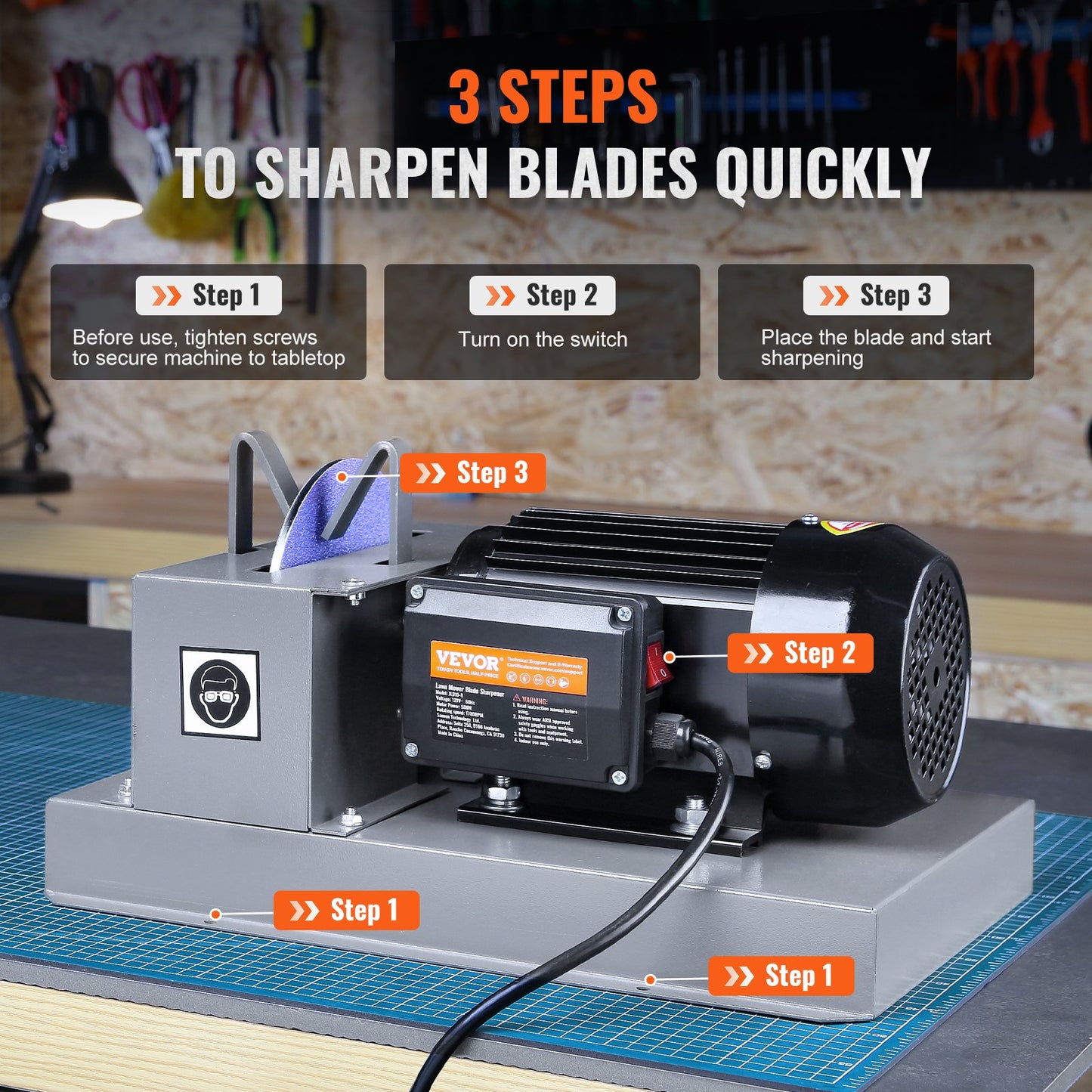 Lawn Mower Blade Sharpener, 2/3HP 500W Lawnmower Blade Grinder with 7-inch Ceramic Grinding Wheel, Powerful Bench Mower Sharpening Machine for High/Low Lift Blades, Gator Blades, Flat Blades