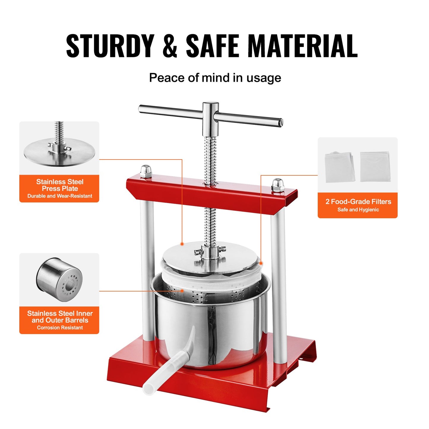 Fruit Wine Press, 1.6 Gallon/6L, 2 Stainless Steel Barrels, Manual Juice Maker, Cider Apple Grape Tincture Vegetables Honey Olive Oil Making Press with T-Handle for Outdoor, Kitchen, and Home