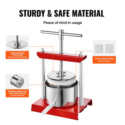 Fruit Wine Press, 1.6 Gallon/6L, 2 Stainless Steel Barrels, Manual Juice Maker, Cider Apple Grape Tincture Vegetables Honey Olive Oil Making Press with T-Handle for Outdoor, Kitchen, and Home