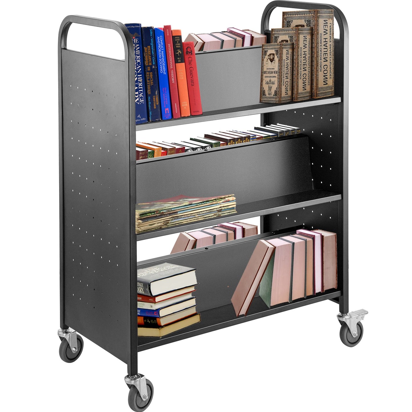 Book Cart Library Cart 200lb with Double Sided W-Shaped Sloping Shelves Black