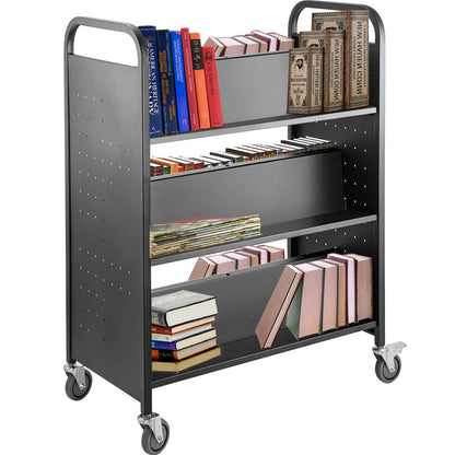 Book Cart Library Cart 200lb with Double Sided W-Shaped Sloping Shelves Black