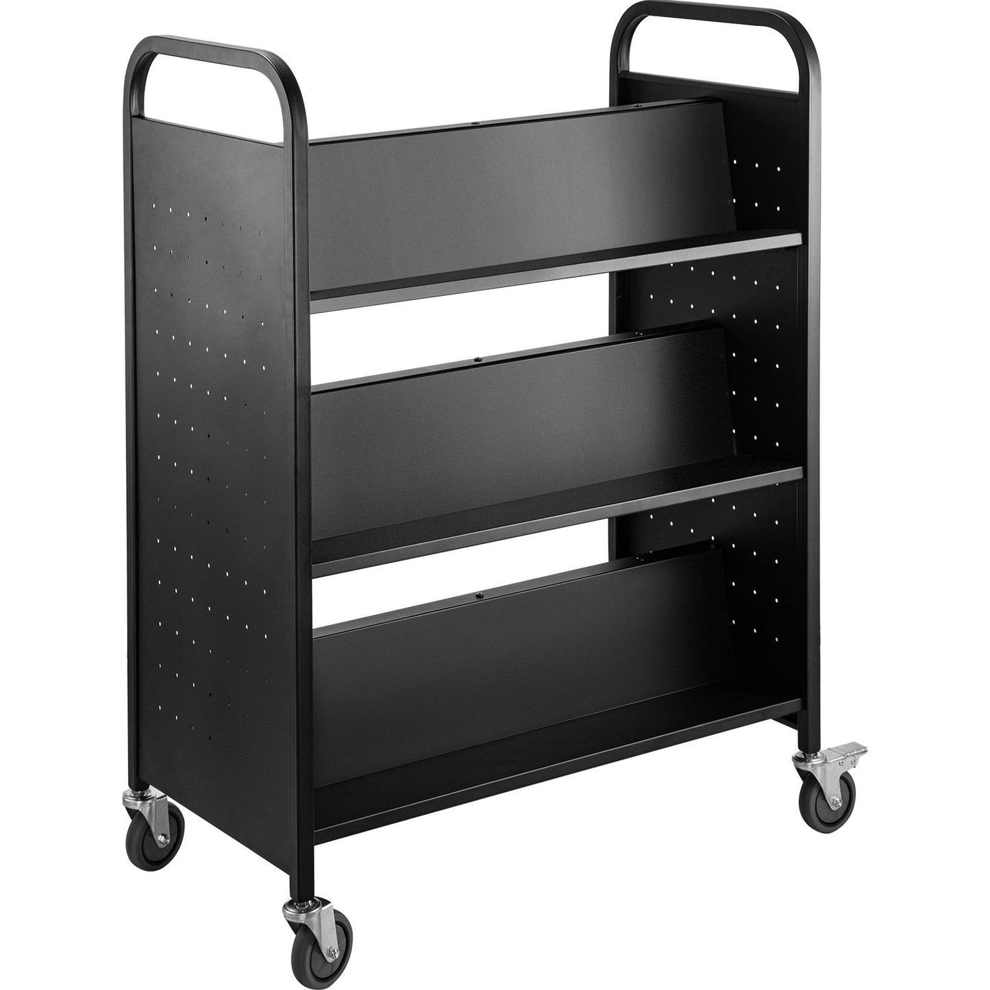 Book Cart Library Cart 200lb with Double Sided W-Shaped Sloping Shelves Black