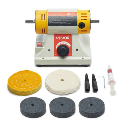 Bench Buffer Polisher, 1/2HP Polishing and Buffing Machine, 0 to 8000RPM Benchtop Polisher with 2PCS 4" Cotton Wheel, 3PCS 3" Abrasive Fiber Wheels & Polishing Compound for Metal Jewelry Wood