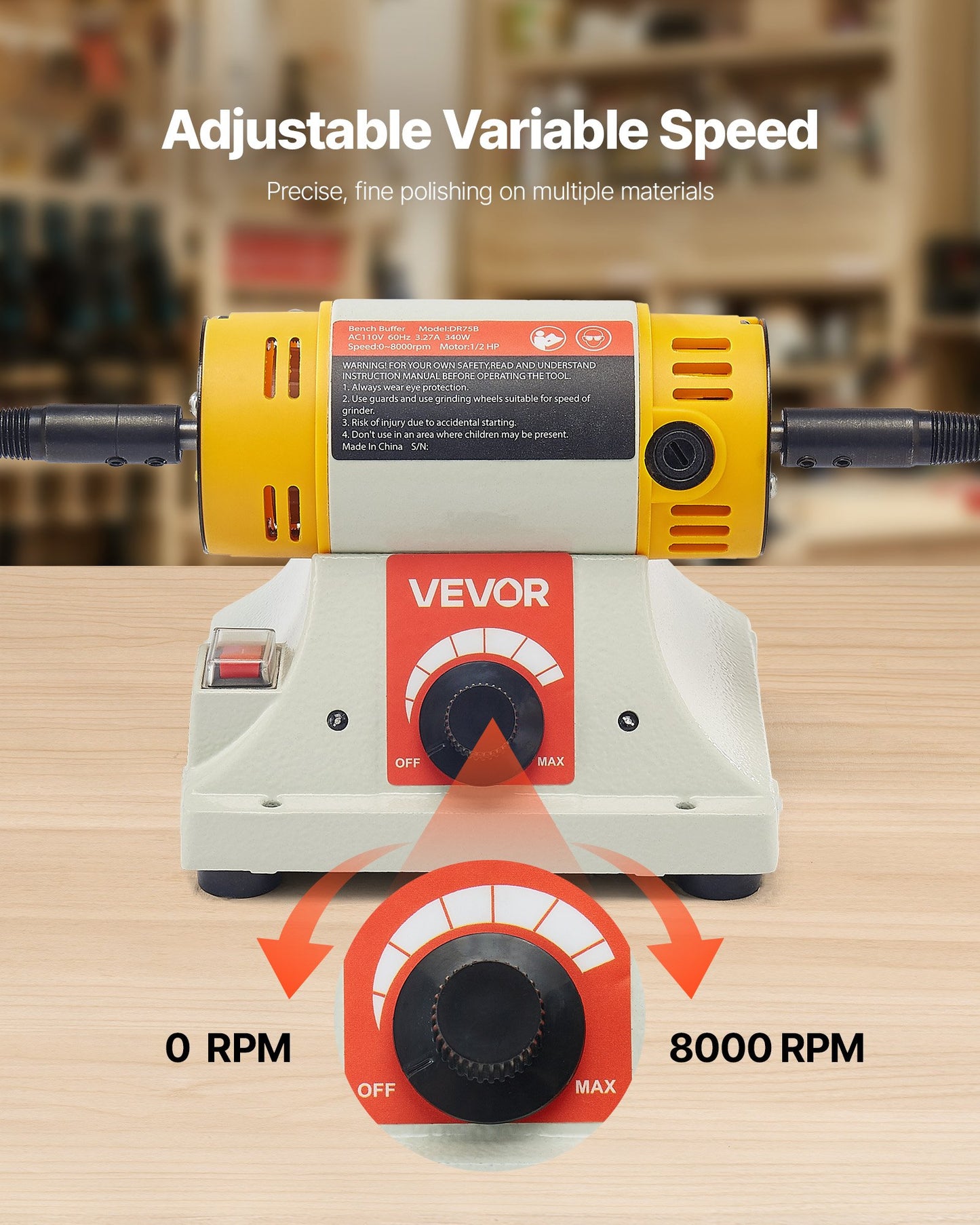 Bench Buffer Polisher, 1/2HP Polishing and Buffing Machine, 0 to 8000RPM Benchtop Polisher with 2PCS 4" Cotton Wheel, 3PCS 3" Abrasive Fiber Wheels & Polishing Compound for Metal Jewelry Wood