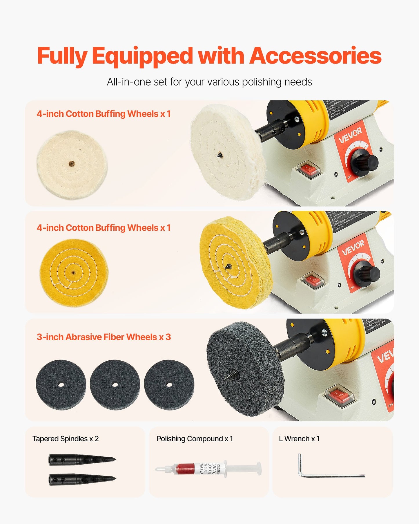 Bench Buffer Polisher, 1/2HP Polishing and Buffing Machine, 0 to 8000RPM Benchtop Polisher with 2PCS 4" Cotton Wheel, 3PCS 3" Abrasive Fiber Wheels & Polishing Compound for Metal Jewelry Wood