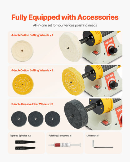 Bench Buffer Polisher, 1/2HP Polishing and Buffing Machine, 0 to 8000RPM Benchtop Polisher with 2PCS 4" Cotton Wheel, 3PCS 3" Abrasive Fiber Wheels & Polishing Compound for Metal Jewelry Wood