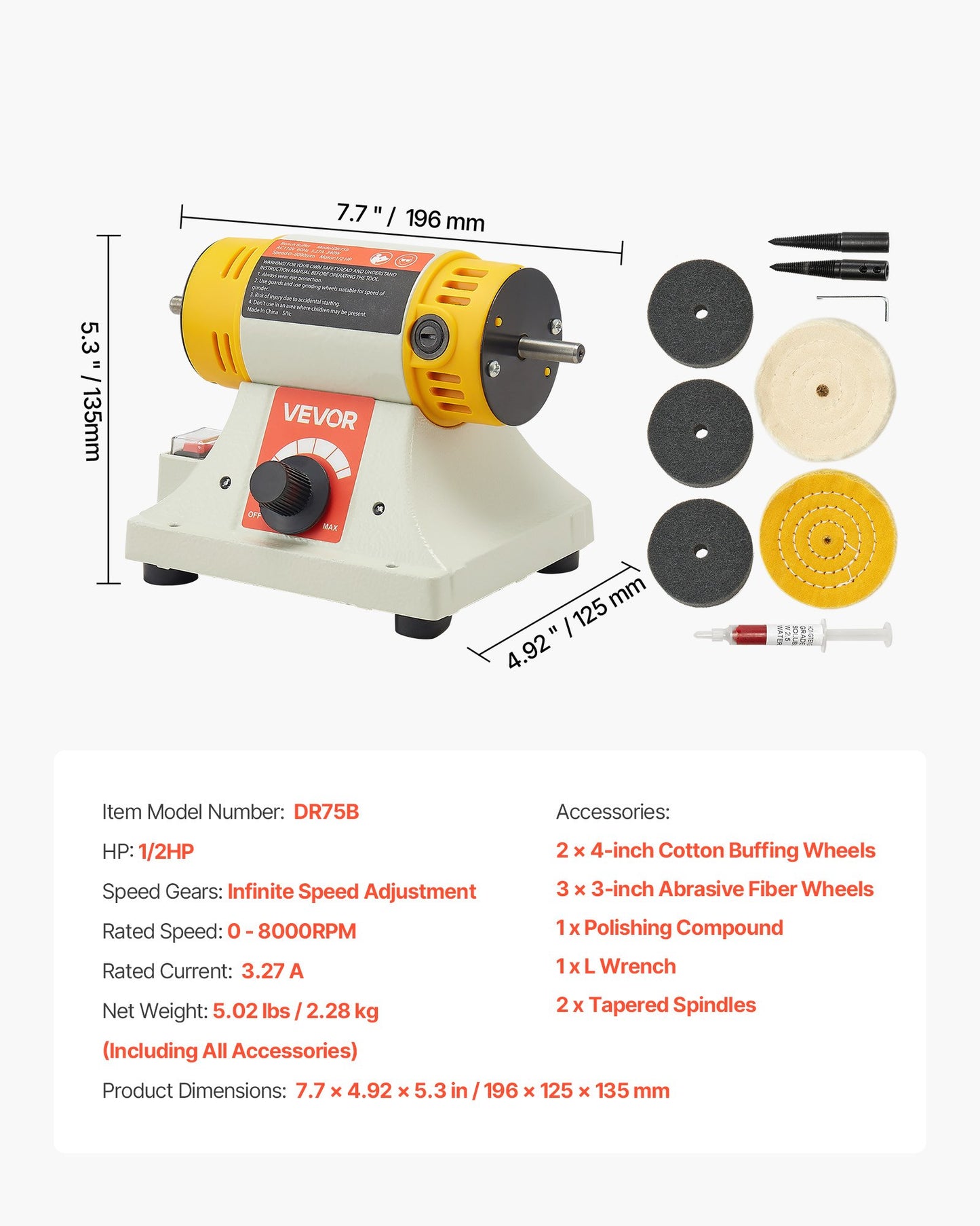 Bench Buffer Polisher, 1/2HP Polishing and Buffing Machine, 0 to 8000RPM Benchtop Polisher with 2PCS 4" Cotton Wheel, 3PCS 3" Abrasive Fiber Wheels & Polishing Compound for Metal Jewelry Wood