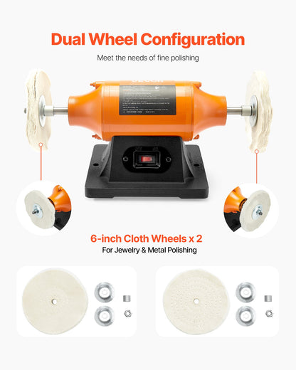 1/2HP Bench Buffer Polisher, 6-inch Bench Polishing Buffing Machine, 3450RPM Single Speed Benchtop Polisher with 2PCS Cloth Wheels & Cast Iron Base for Metal, Jewelry, Wood Polishing