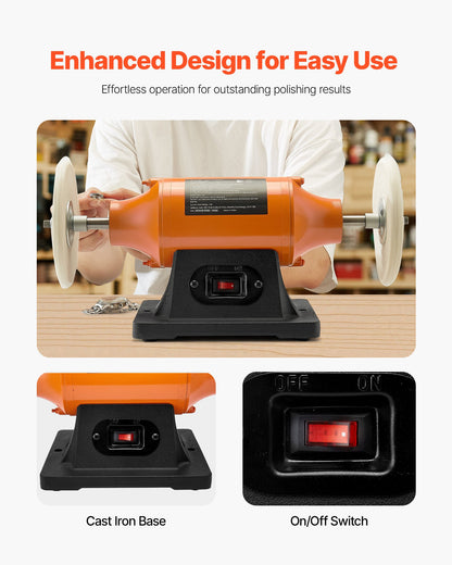 1/2HP Bench Buffer Polisher, 6-inch Bench Polishing Buffing Machine, 3450RPM Single Speed Benchtop Polisher with 2PCS Cloth Wheels & Cast Iron Base for Metal, Jewelry, Wood Polishing