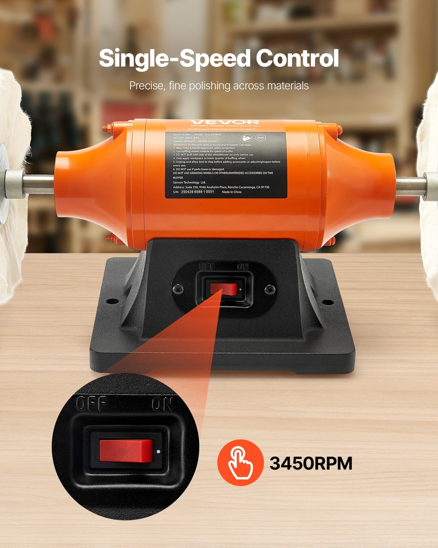 3/4HP Bench Buffer Polisher, 8-inch Bench Polishing Buffing Machine, 3450RPM Single Speed Benchtop Polisher with 2PCS Cloth Wheels & Cast Iron Base for Metal, Jewelry, Wood Polishing