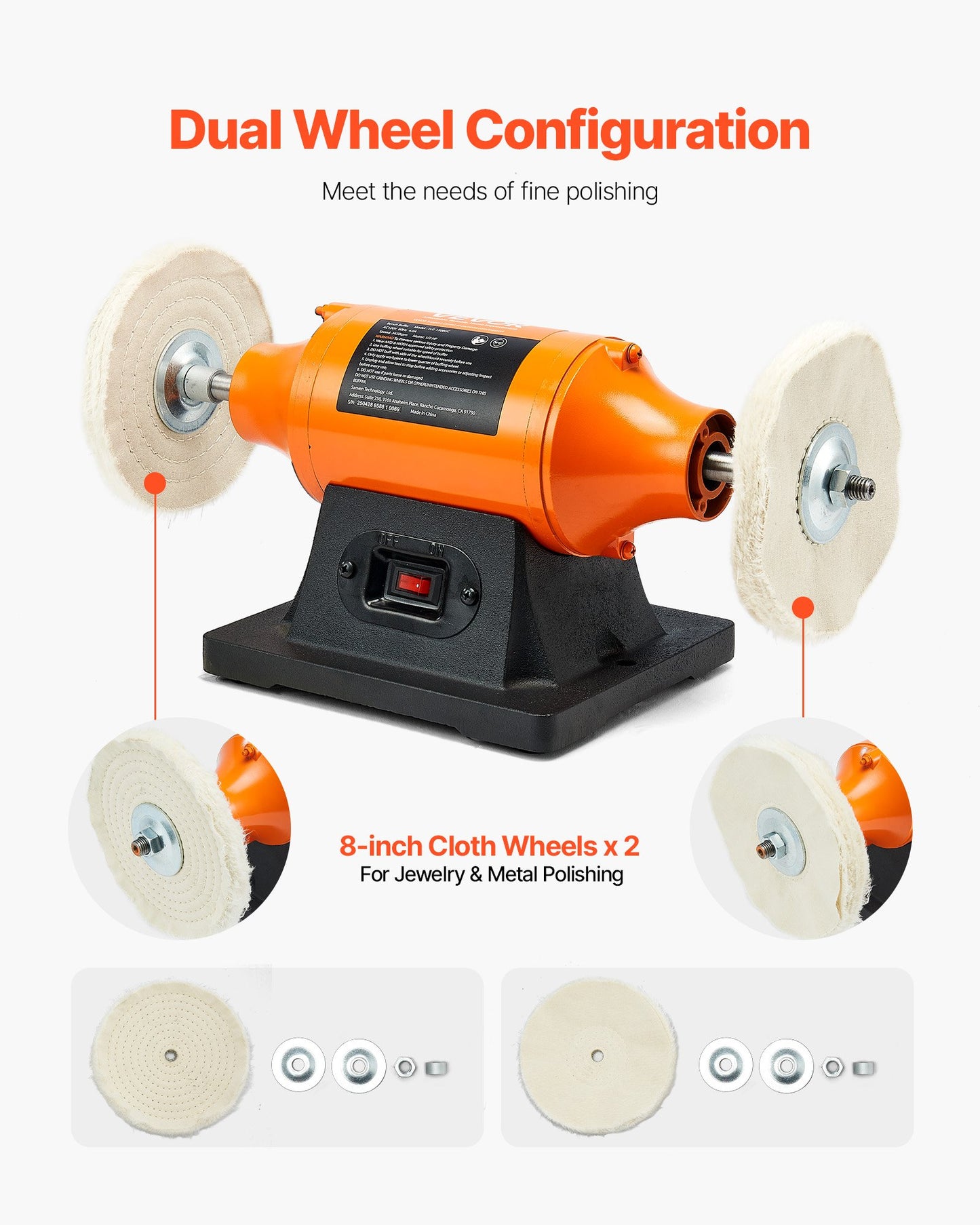 3/4HP Bench Buffer Polisher, 8-inch Bench Polishing Buffing Machine, 3450RPM Single Speed Benchtop Polisher with 2PCS Cloth Wheels & Cast Iron Base for Metal, Jewelry, Wood Polishing