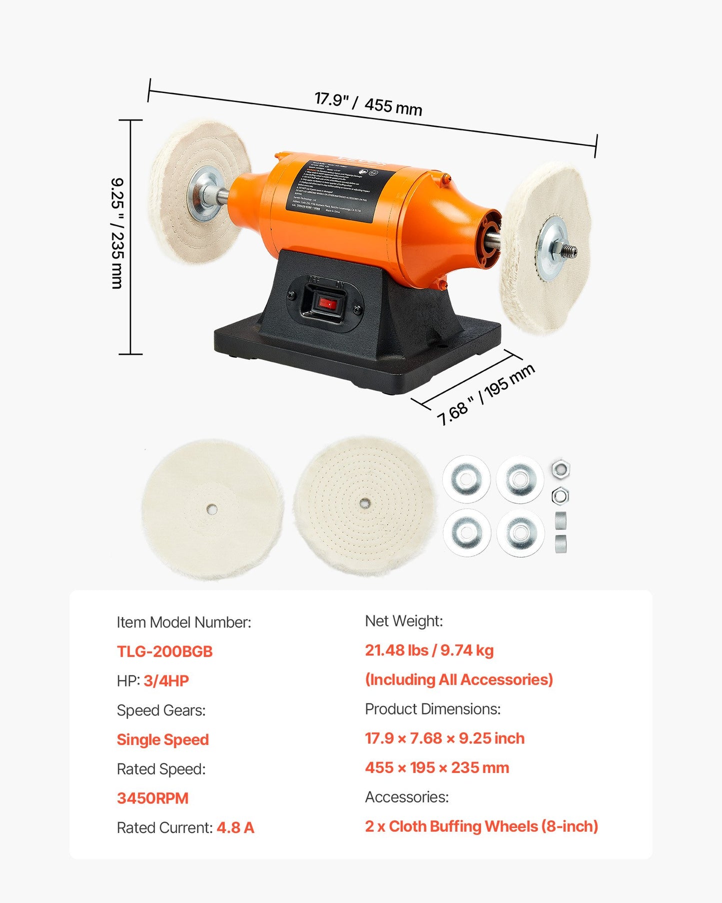 3/4HP Bench Buffer Polisher, 8-inch Bench Polishing Buffing Machine, 3450RPM Single Speed Benchtop Polisher with 2PCS Cloth Wheels & Cast Iron Base for Metal, Jewelry, Wood Polishing