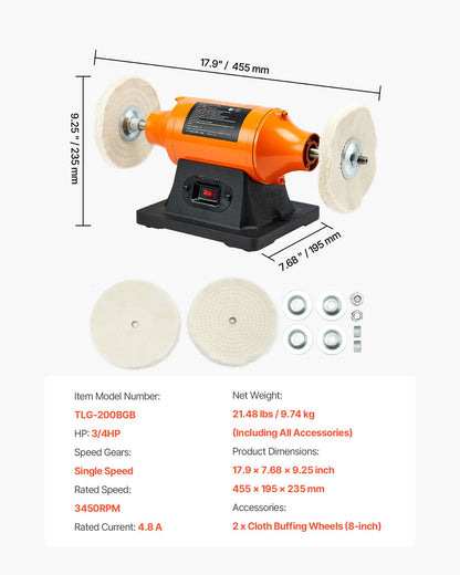 3/4HP Bench Buffer Polisher, 8-inch Bench Polishing Buffing Machine, 3450RPM Single Speed Benchtop Polisher with 2PCS Cloth Wheels & Cast Iron Base for Metal, Jewelry, Wood Polishing