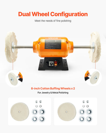 1/2HP Bench Buffer Polisher, 8-inch Bench Polishing Buffing Machine, 1725RPM/3450RPM Dual Speed Benchtop Polisher with 2PCS Cotton Wheels & Cast Iron Base for Metal, Jewelry, Wood Polishing