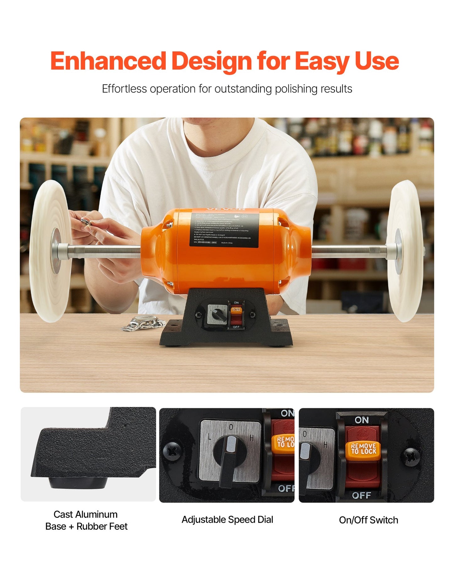 1/2HP Bench Buffer Polisher, 8-inch Bench Polishing Buffing Machine, 1725RPM/3450RPM Dual Speed Benchtop Polisher with 2PCS Cotton Wheels & Cast Iron Base for Metal, Jewelry, Wood Polishing