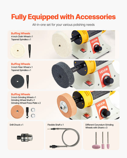 Bench Buffer Polisher, 1/2HP Polishing Buffing Machine, 0 to 8000RPM Benchtop Polisher Grinder with 4" Cloth Wheel, 3" Grinding Wheel & 3" Fiber Wheel for Metal, Jewelry, Wood and Plastic