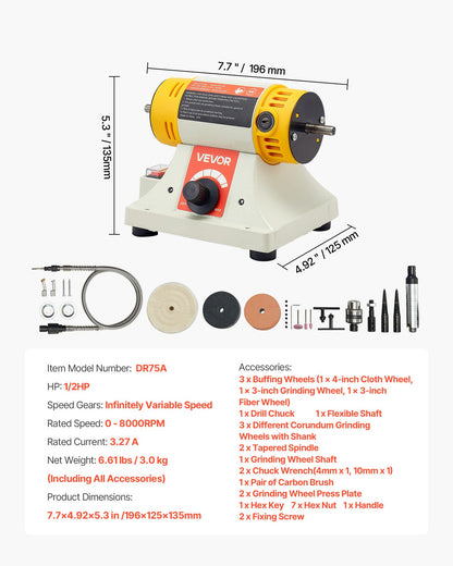 Bench Buffer Polisher, 1/2HP Polishing Buffing Machine, 0 to 8000RPM Benchtop Polisher Grinder with 4" Cloth Wheel, 3" Grinding Wheel & 3" Fiber Wheel for Metal, Jewelry, Wood and Plastic
