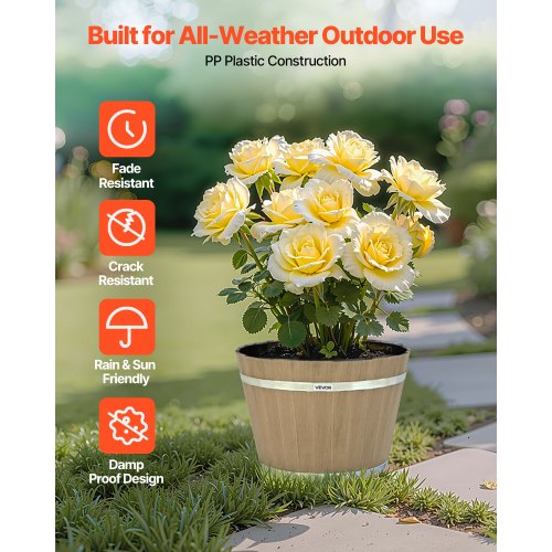 Växtkrukor, 4-pack 300 mm Whiskey Barrel Planters med dräneringshål, Stor Utvändig Plast Dekorativ Blomkruka Imitation Vinfat Design För Inomhus- och Utomhusträdgård Hemväxter, Brun |  EU