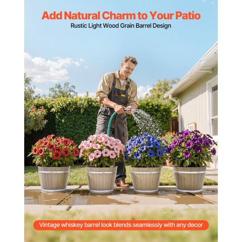 Växtkrukor, 4-pack 300 mm Whiskey Barrel Planters med dräneringshål, Stor Utvändig Plast Dekorativ Blomkruka Imitation Vinfat Design För Inomhus- och Utomhusträdgård Hemväxter, Brun |  EU