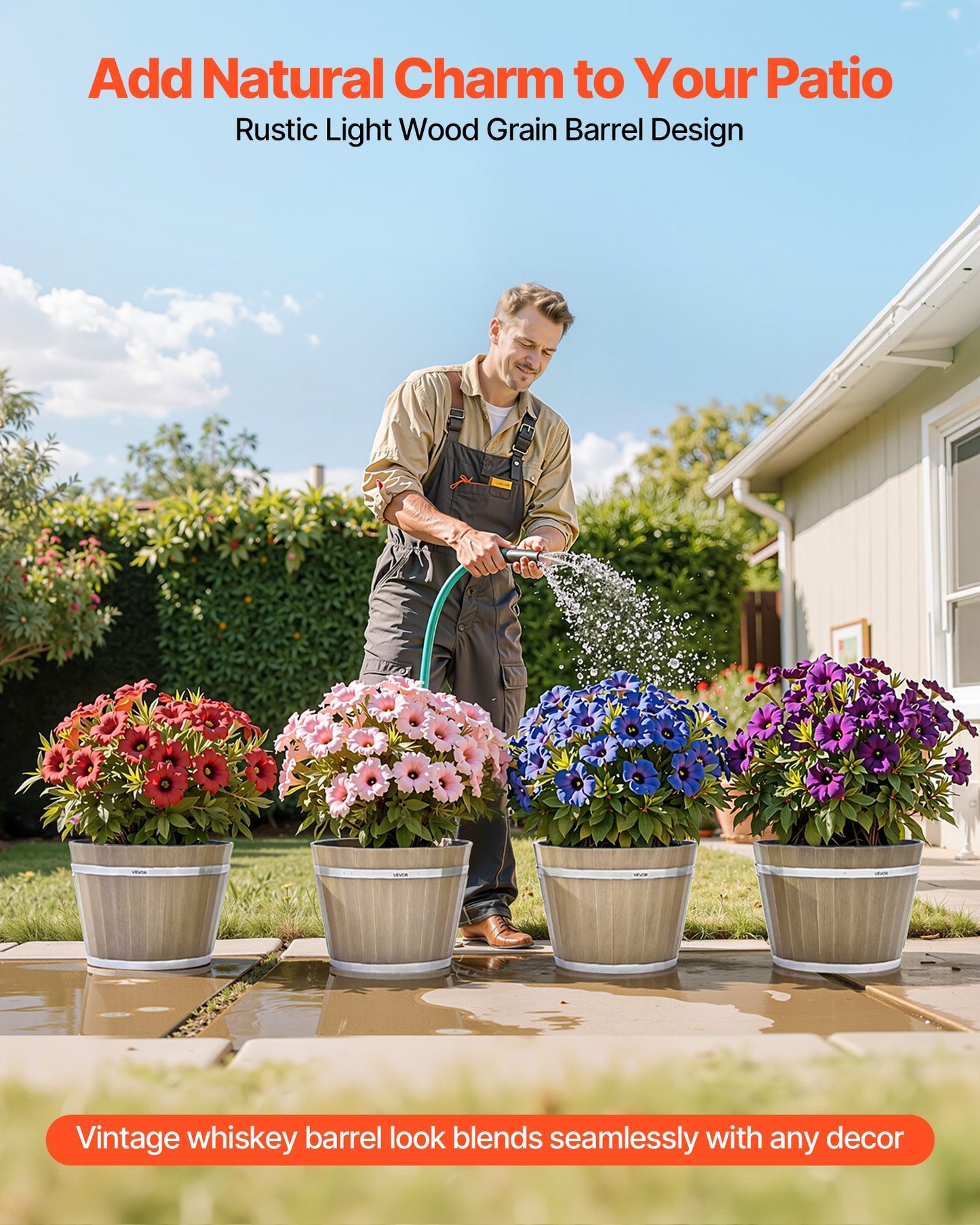 Plant Pots, 4 Pack 11.81 inch Whiskey Barrel Planters with Drainage Holes, Large Outside Plastic Decoration Flower Pot Imitation Wine Barrel Design for Indoor Outdoor Garden Home Plants, Brown