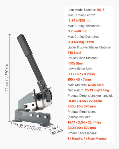 Sheet Metal Shear, 6 in Manual Hand Plate Shear, Heavy Duty Mounting Type Sheet Cutter with Solid Steel Frame, High Precision, Extended Handle for Cutting Steel, Copper, Rebar, and Aluminum