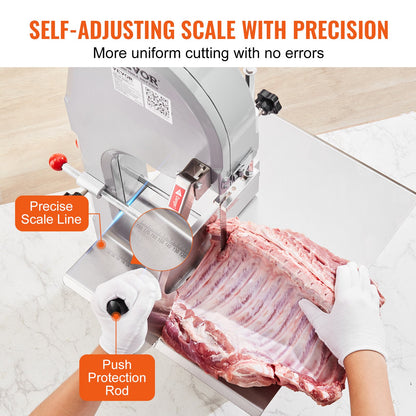 Commercial Electric Meat Bandsaw, 1100W Stainless Steel Countertop Bone Sawing Machine, Workbeach 19.3" x 15", 0.16-7.9 Inch Cutting Thickness, Frozen Meat Cutter with 6 Blades for Rib Pork Beef