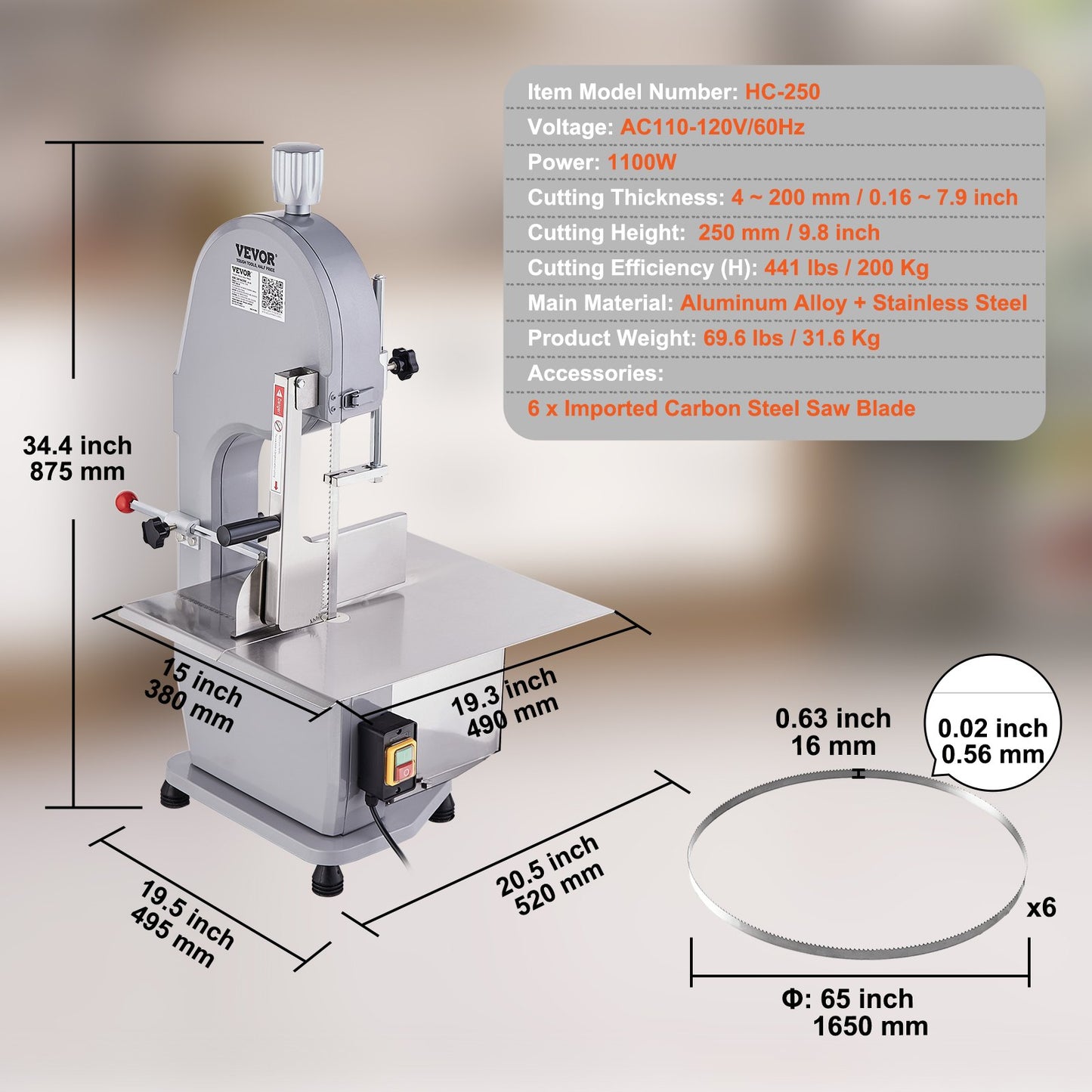 Commercial Electric Meat Bandsaw, 1100W Stainless Steel Countertop Bone Sawing Machine, Workbeach 19.3" x 15", 0.16-7.9 Inch Cutting Thickness, Frozen Meat Cutter with 6 Blades for Rib Pork Beef