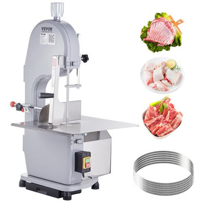 Commercial Electric Meat Bandsaw, 1500W Stainless Steel Countertop Bone Sawing Machine, Workbeach 19.3" x 15", 0.16-7.9 Inch Cutting Thickness, Frozen Meat Cutter with 6 Blades for Rib Pork Beef