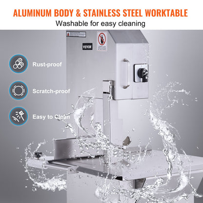 Commercial Electric Meat Bandsaw, 2200W Stainless Steel Countertop Bone Sawing Machine, Workbeach 18.5" x 20.9", 0-7.1 Inch Cutting Thickness, Frozen Meat Cutter with 6 Blades for Rib Pork Beef