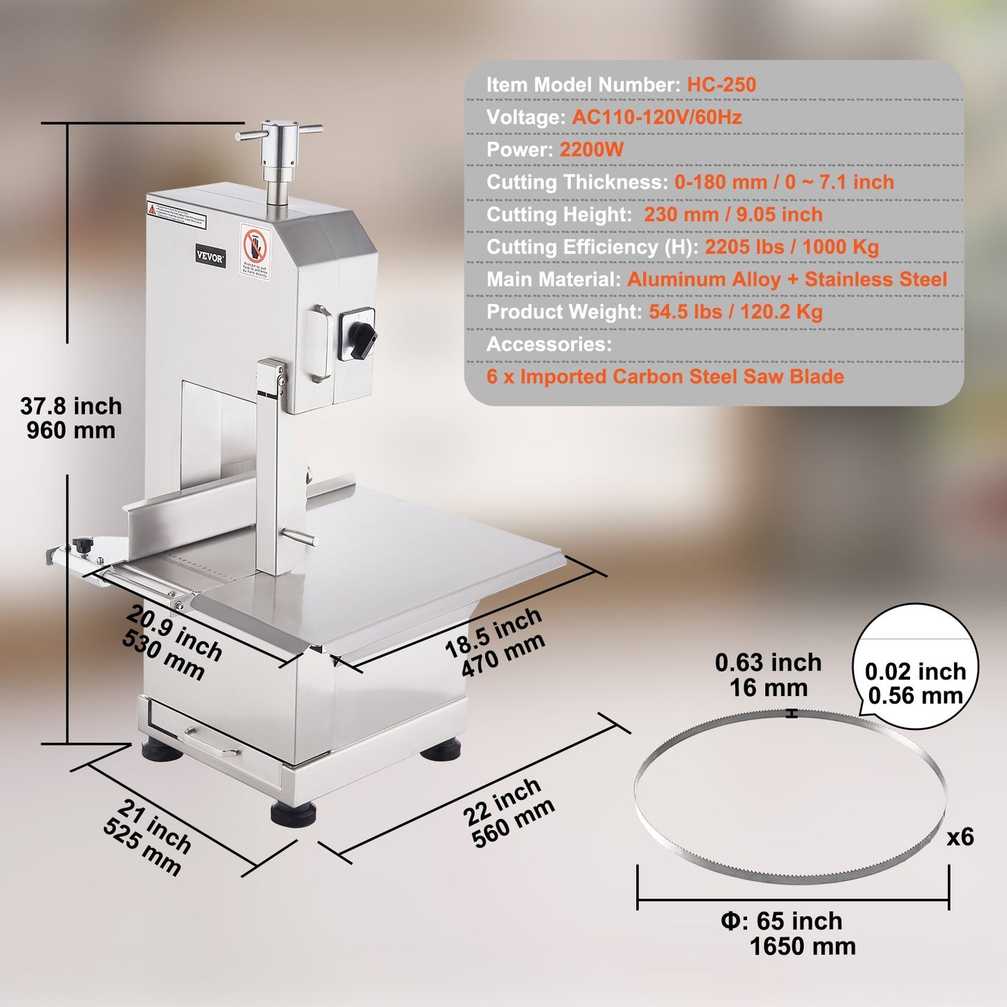 Commercial Electric Meat Bandsaw, 2200W Stainless Steel Countertop Bone Sawing Machine, Workbeach 18.5" x 20.9", 0-7.1 Inch Cutting Thickness, Frozen Meat Cutter with 6 Blades for Rib Pork Beef
