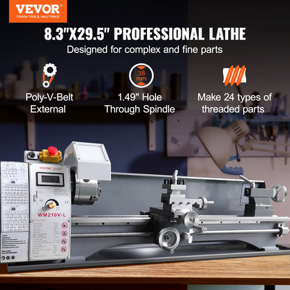 Metal Lathe Machine, 211 mm x 750 mm, Precision Benchtop Power Metal Lathe, 0-2500 RPM Continuously Variable Speed, 750W Brushless Motor Metal Gears, with Tool Box for Processing Precision Parts