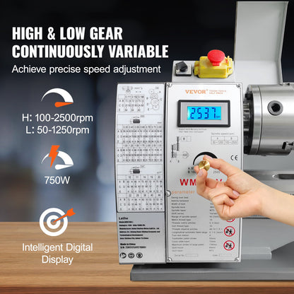 Metal Lathe Machine, 211 mm x 750 mm, Precision Benchtop Power Metal Lathe, 0-2500 RPM Continuously Variable Speed, 750W Brushless Motor Metal Gears, with Tool Box for Processing Precision Parts
