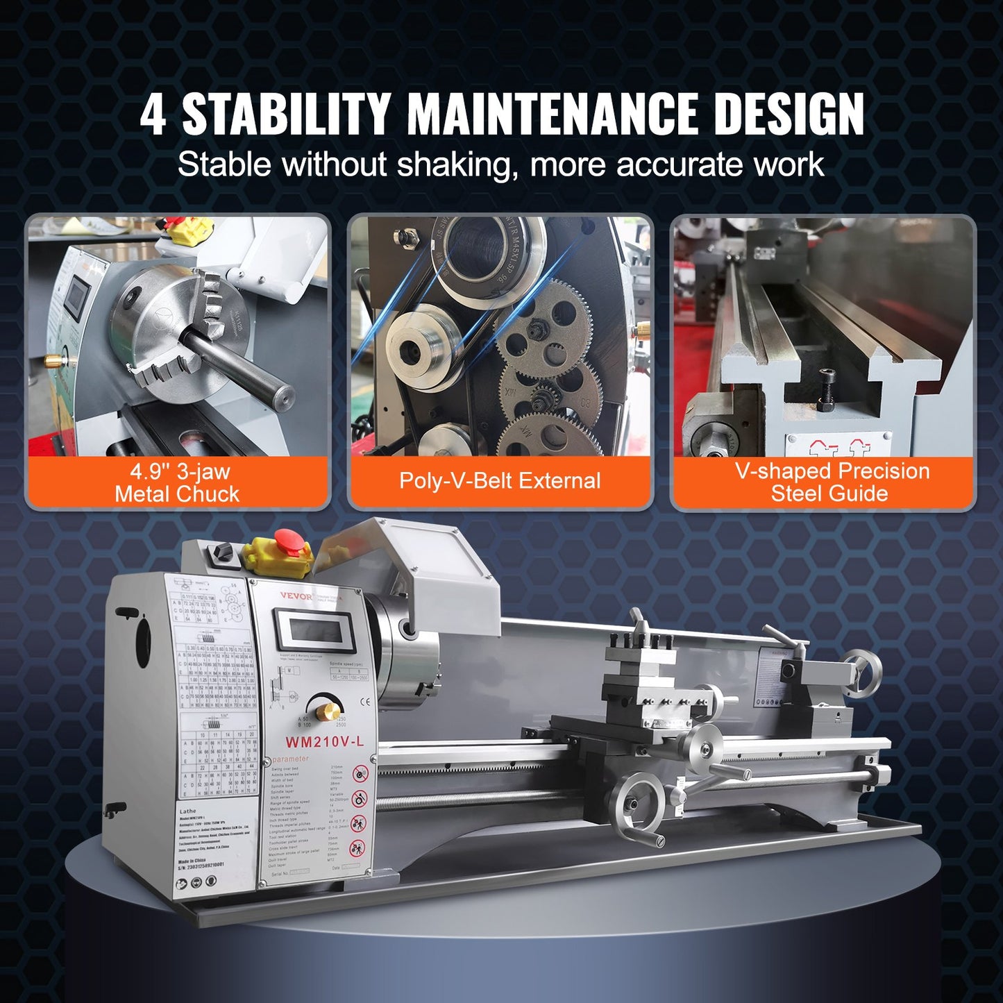 Metal Lathe Machine, 211 mm x 750 mm, Precision Benchtop Power Metal Lathe, 0-2500 RPM Continuously Variable Speed, 750W Brushless Motor Metal Gears, with Tool Box for Processing Precision Parts