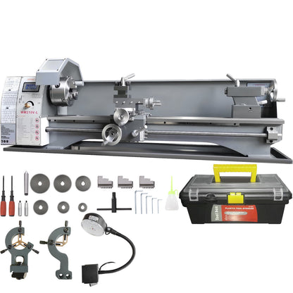 Metalldrehmaschine, 8,3 Zoll x 29,5 Zoll, Präzisions-Tischdrehmaschine für Metall, 0–2500 U/min stufenlose Drehzahl, bürstenloser 750-W-Motor mit Metallgetriebe, mit Werkzeugkasten zur Bearbeitung von Präzisionsteilen
