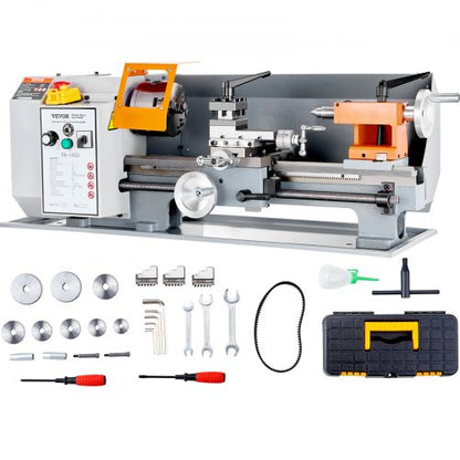 Benchtop Metal Lathe, 7'' x 13.78'', offers precise metalworking with a 0-2200 RPM variable speed, powered by a 500W brush motor and durable metal gears. Includes a tool box for precise part