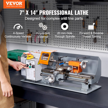 Benchtop Metal Lathe, 7'' x 13.78'', offers precise metalworking with a 0-2200 RPM variable speed, powered by a 500W brush motor and durable metal gears. Includes a tool box for precise part