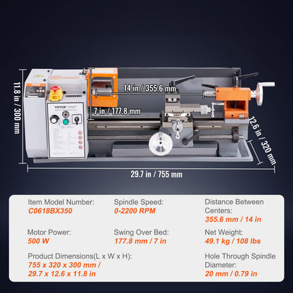 Benchtop Metal Lathe, 7'' x 13.78'', offers precise metalworking with a 0-2200 RPM variable speed, powered by a 500W brush motor and durable metal gears. Includes a tool box for precise part