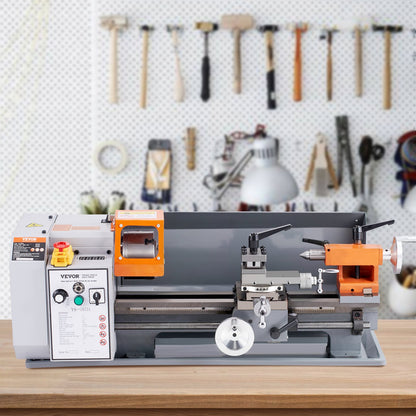 Benchtop Metal Lathe, 7'' x 13.78'', offers precise metalworking with a 0-2200 RPM variable speed, powered by a 500W brush motor and durable metal gears. Includes a tool box for precise part
