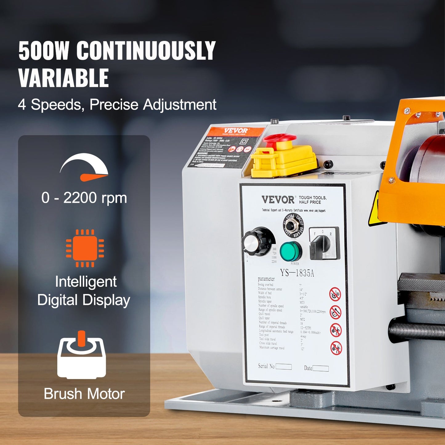 Metalldrehmaschine, 7 x 13,78 Zoll, Präzisions-Tischdrehmaschine für Metall, 0–2200 U/min stufenlose Drehzahlregelung, 500-W-Bürstenmotor mit Metallgetriebe, mit Werkzeugkasten zur Bearbeitung von Präzisionsteilen