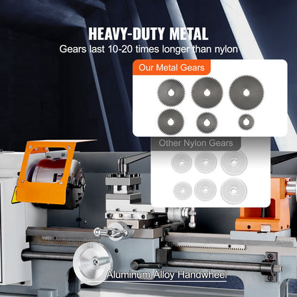 Metalldrehmaschine, 7 x 13,78 Zoll, Präzisions-Tischdrehmaschine für Metall, 0–2200 U/min stufenlose Drehzahlregelung, 500-W-Bürstenmotor mit Metallgetriebe, mit Werkzeugkasten zur Bearbeitung von Präzisionsteilen