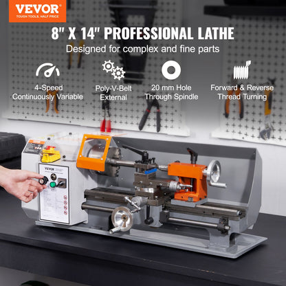 Metal Lathe Machine, 7.87'' x 13.78'', Precision Benchtop Power Metal Lathe,, 50-2500 RPM Continuously Variable Speed, 600W Brush Motor Metal Gears, with Tool Box for Processing Precision Parts