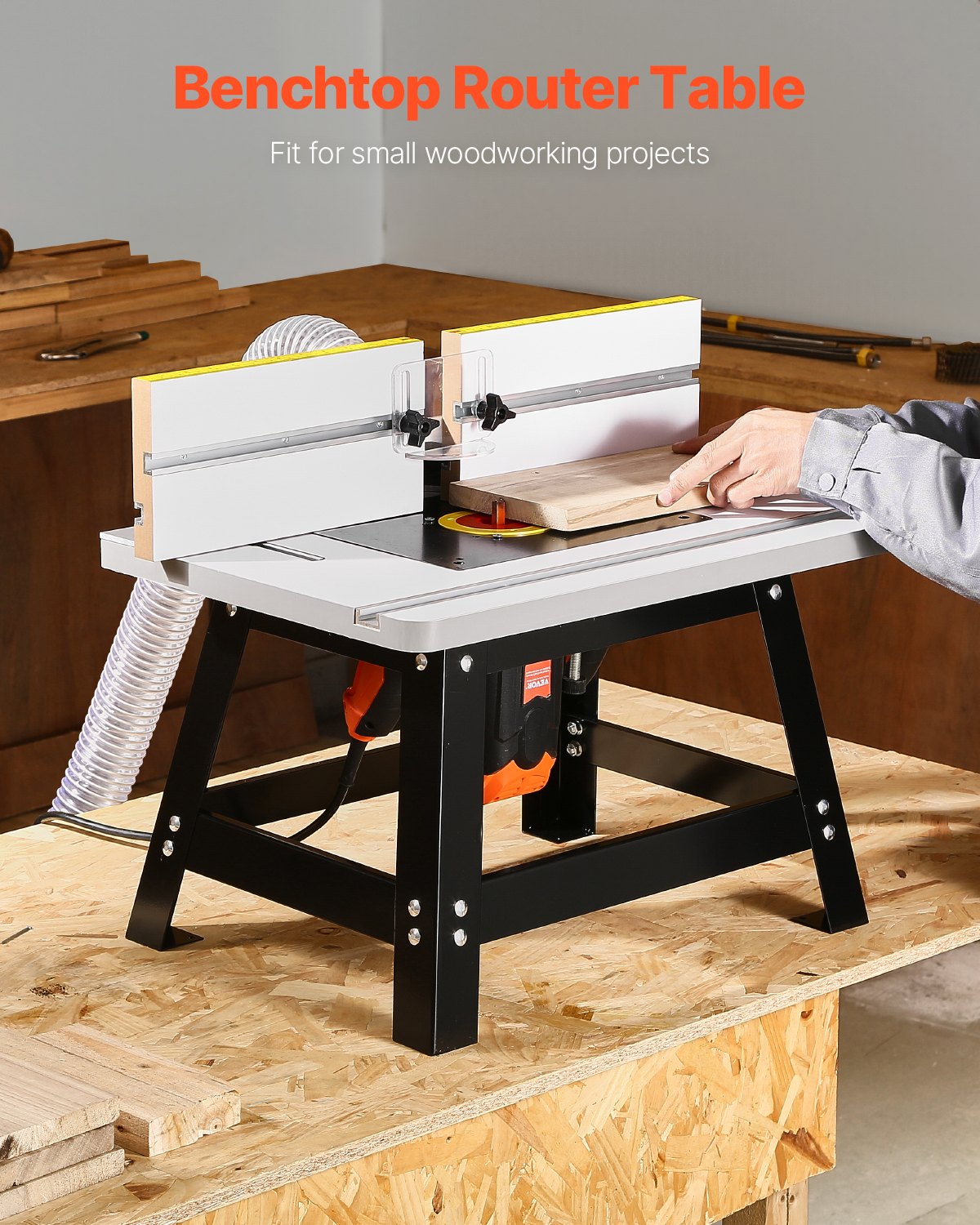 Benchtop Router Table, 24 in x 15.7 in, Bench Top Routing Table with Adjustable Fence, MDF Top, Sturdy Metal Base, 2-1/2 in Dust Collection Port, Compatible with Routes & Various Drill Bits