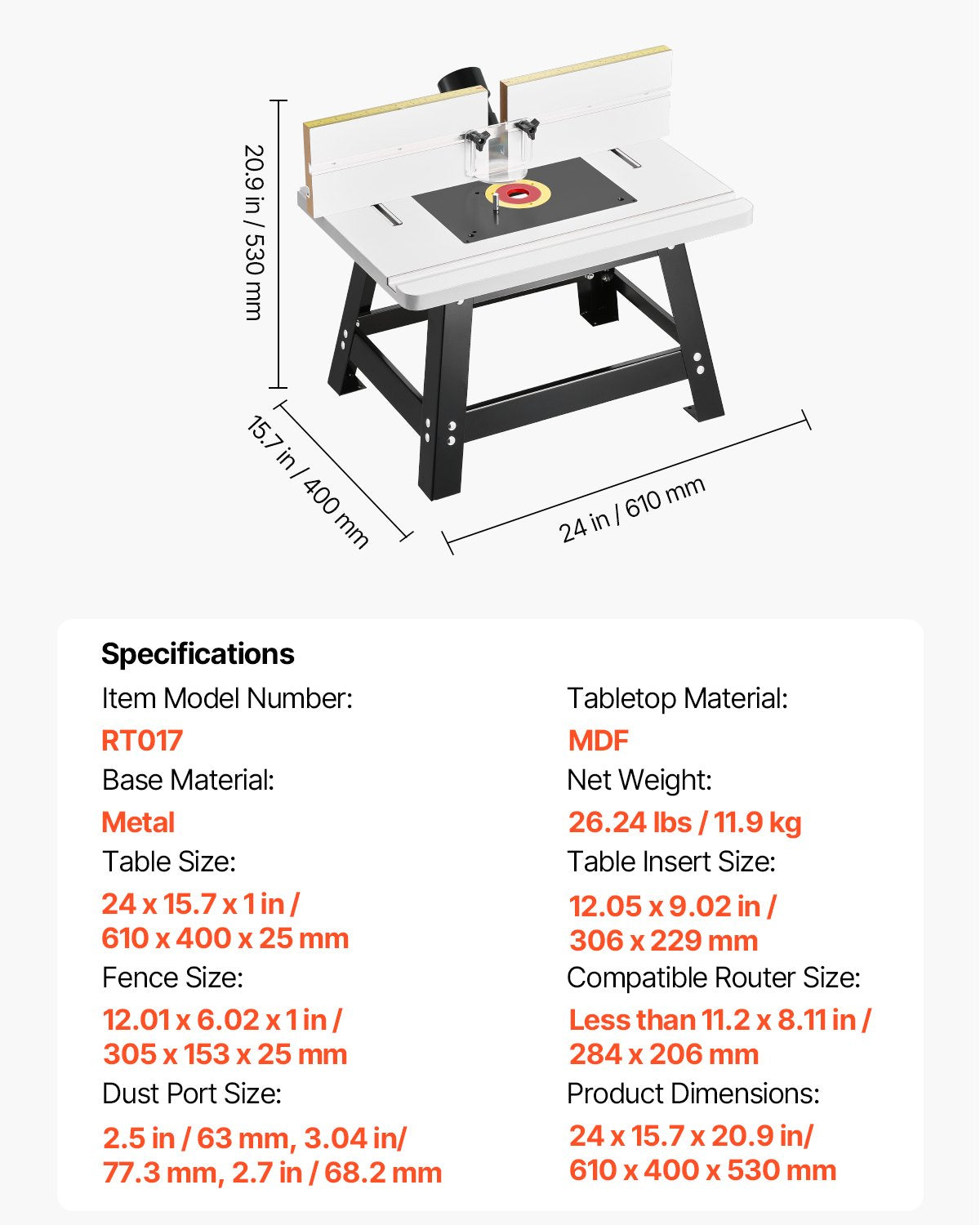 Benchtop Router Table, 24 in x 15.7 in, Bench Top Routing Table with Adjustable Fence, MDF Top, Sturdy Metal Base, 2-1/2 in Dust Collection Port, Compatible with Routes & Various Drill Bits