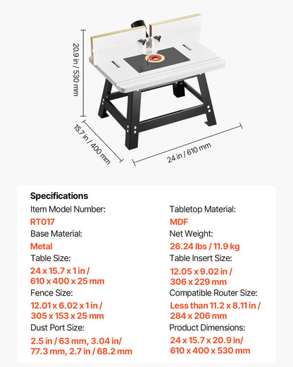 Benchtop Router Table, 24 in x 15.7 in, Bench Top Routing Table with Adjustable Fence, MDF Top, Sturdy Metal Base, 2-1/2 in Dust Collection Port, Compatible with Routes & Various Drill Bits