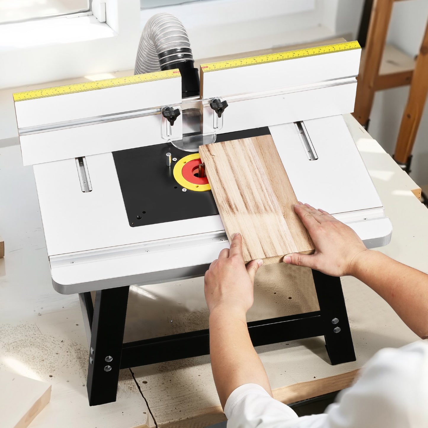 Benchtop Router Table, 24 in x 15.7 in, Bench Top Routing Table with Adjustable Fence, MDF Top, Sturdy Metal Base, 2-1/2 in Dust Collection Port, Compatible with Routes & Various Drill Bits