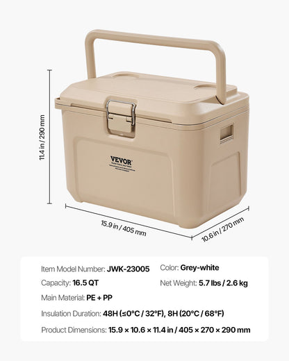 Portable Cooler, 16.5 QT Hard Cooler with Ice Retention, Heavy-Duty Handles and Cup Holder, Lightweight Rigid Material Insulated Portable Cooler, Suitable for Family Picnics and Short Trips