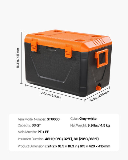 Portable Cooler, 63 QT Hard Cooler with Ice Retention, Heavy-Duty Handles and Cup Holder, Lightweight Rigid Material Insulated Portable Cooler, Suitable for Family Picnics and Long Trips